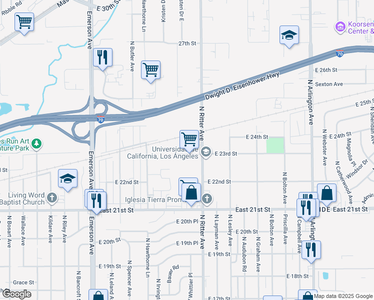 map of restaurants, bars, coffee shops, grocery stores, and more near 2240 North Ritter Avenue in Indianapolis