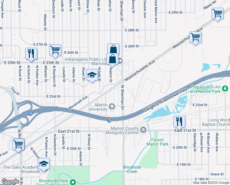 map of restaurants, bars, coffee shops, grocery stores, and more near 2226 North Sherman Drive in Indianapolis