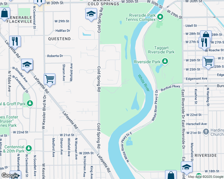 map of restaurants, bars, coffee shops, grocery stores, and more near North White River Parkway Drive in Indianapolis