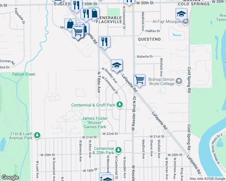 map of restaurants, bars, coffee shops, grocery stores, and more near 2338 Groff Avenue in Indianapolis