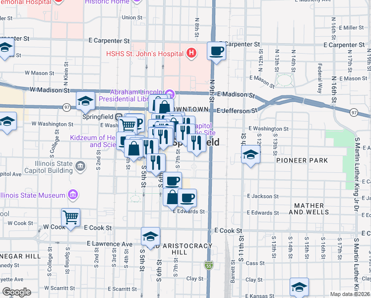 map of restaurants, bars, coffee shops, grocery stores, and more near 701 East Monroe Street in Springfield