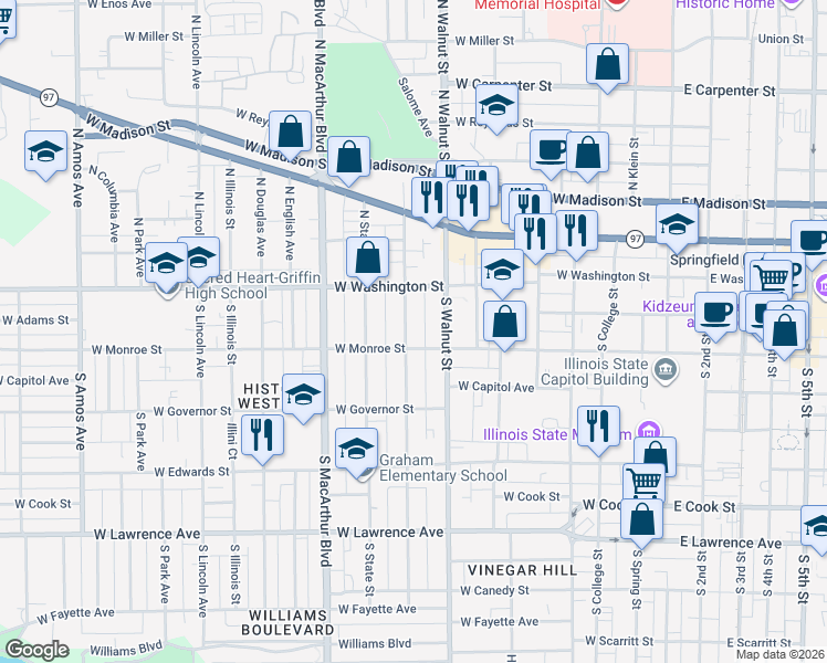 map of restaurants, bars, coffee shops, grocery stores, and more near 716 West Monroe Street in Springfield