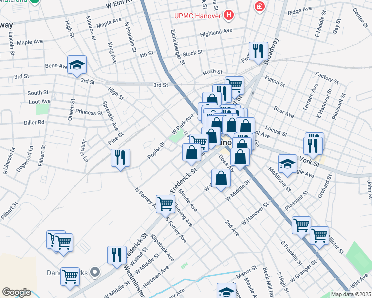 map of restaurants, bars, coffee shops, grocery stores, and more near 113 West Chestnut Street in Hanover