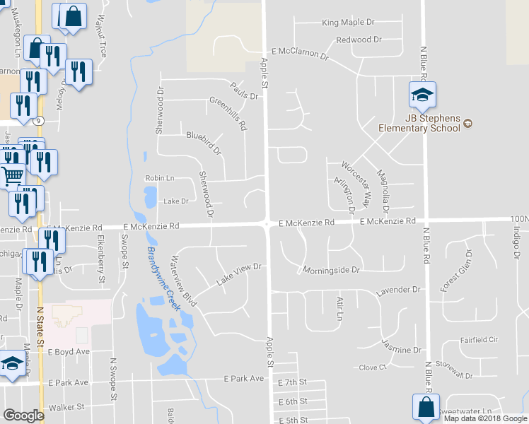 map of restaurants, bars, coffee shops, grocery stores, and more near 1222 Apple Street in Greenfield