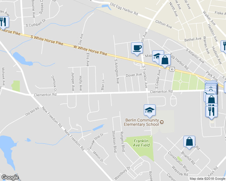 map of restaurants, bars, coffee shops, grocery stores, and more near 194 Clementon Road in Berlin