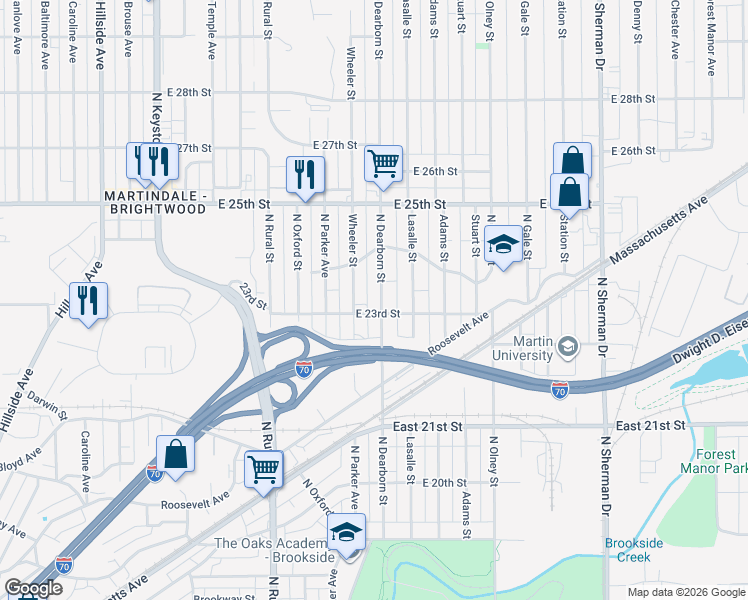 map of restaurants, bars, coffee shops, grocery stores, and more near 2314 North Dearborn Street in Indianapolis