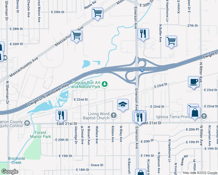 map of restaurants, bars, coffee shops, grocery stores, and more near 4810 East 23rd Street in Indianapolis