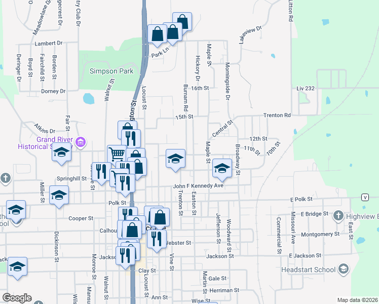map of restaurants, bars, coffee shops, grocery stores, and more near 1301 Burnam Road in Chillicothe