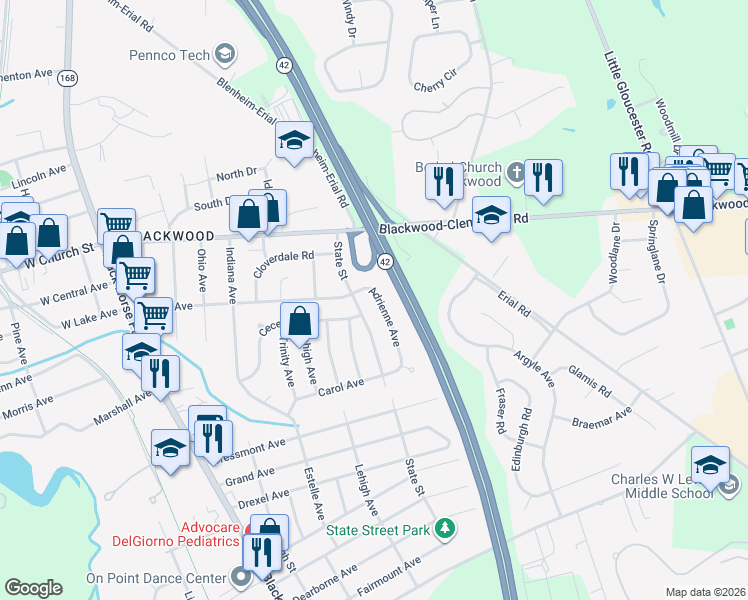 map of restaurants, bars, coffee shops, grocery stores, and more near 115 State Street in Camden County