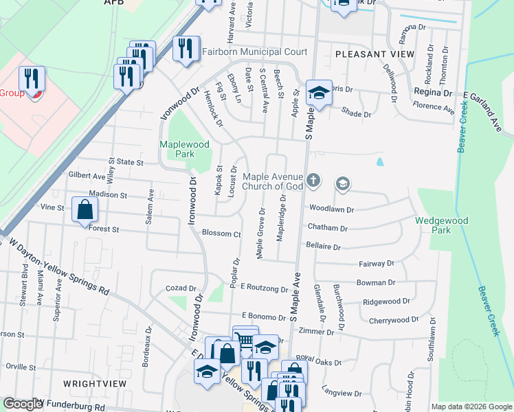 map of restaurants, bars, coffee shops, grocery stores, and more near 1392 Maple Grove Drive in Fairborn