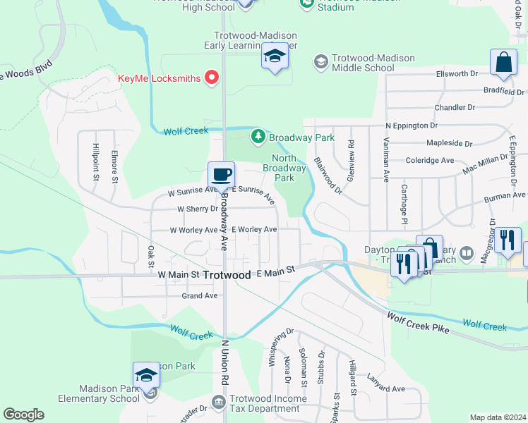 map of restaurants, bars, coffee shops, grocery stores, and more near 68 East Sherry Drive in Dayton