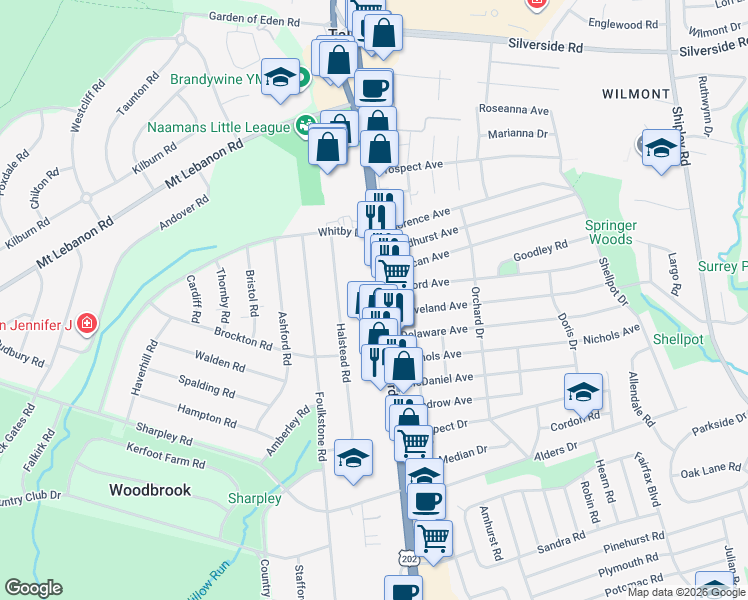 map of restaurants, bars, coffee shops, grocery stores, and more near 3204 Concord Pike in Wilmington