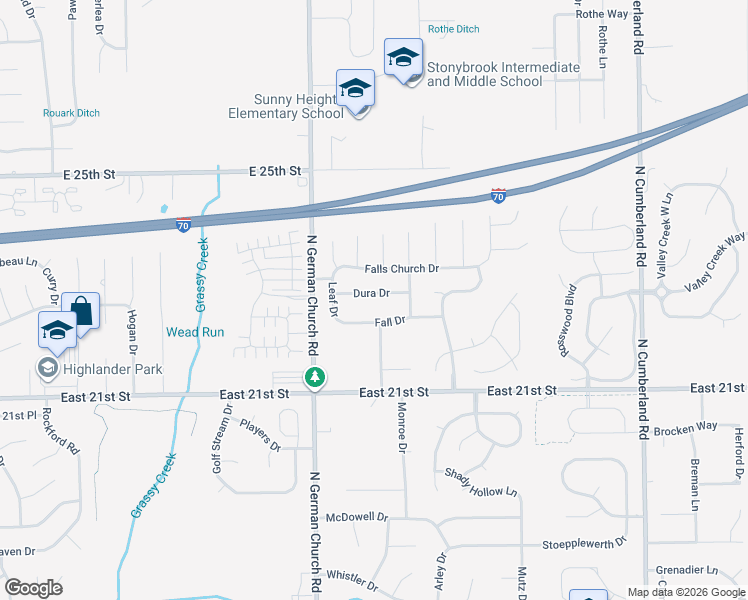 map of restaurants, bars, coffee shops, grocery stores, and more near 11105 Falls Church Drive in Indianapolis