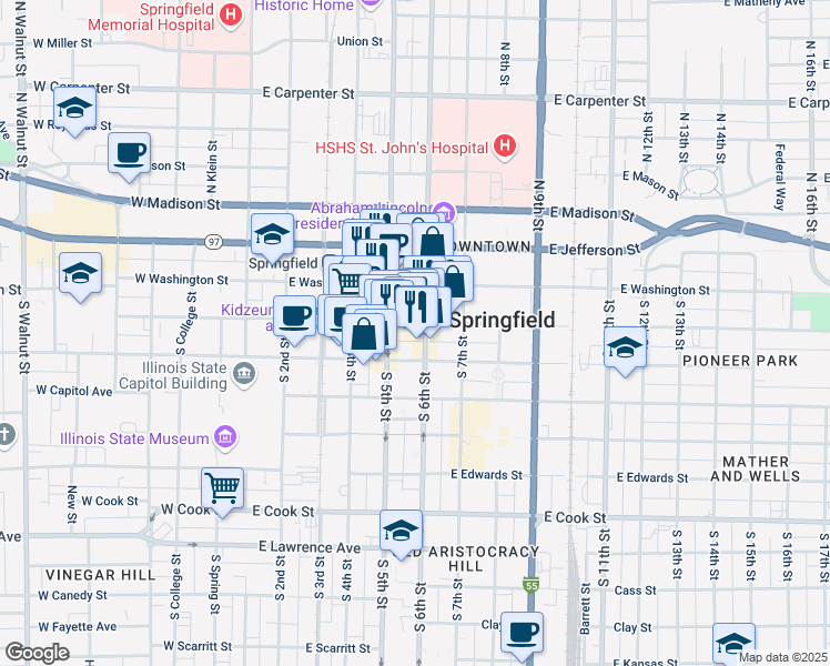 map of restaurants, bars, coffee shops, grocery stores, and more near 1 North Old State Capitol Plaza in Springfield