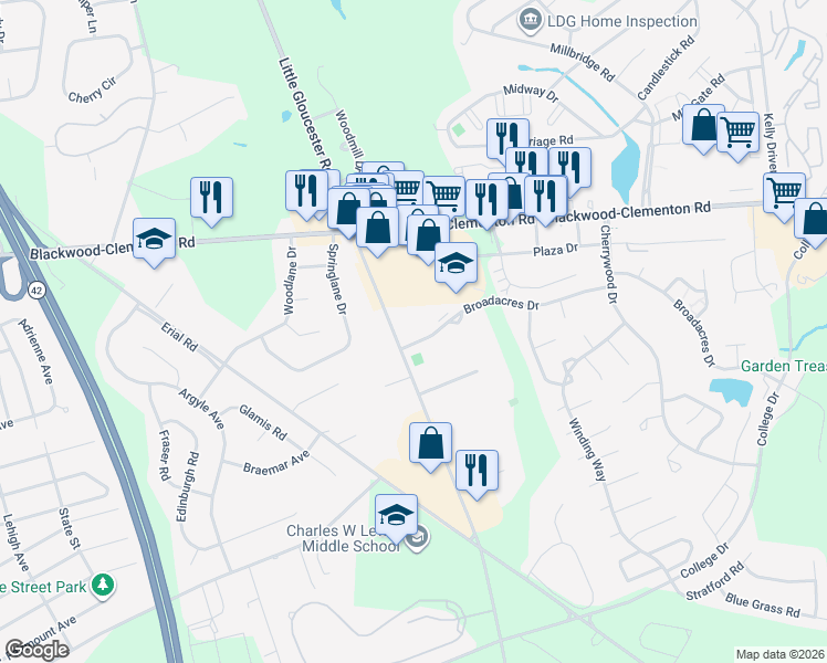 map of restaurants, bars, coffee shops, grocery stores, and more near 226 Highland Estates in Clementon