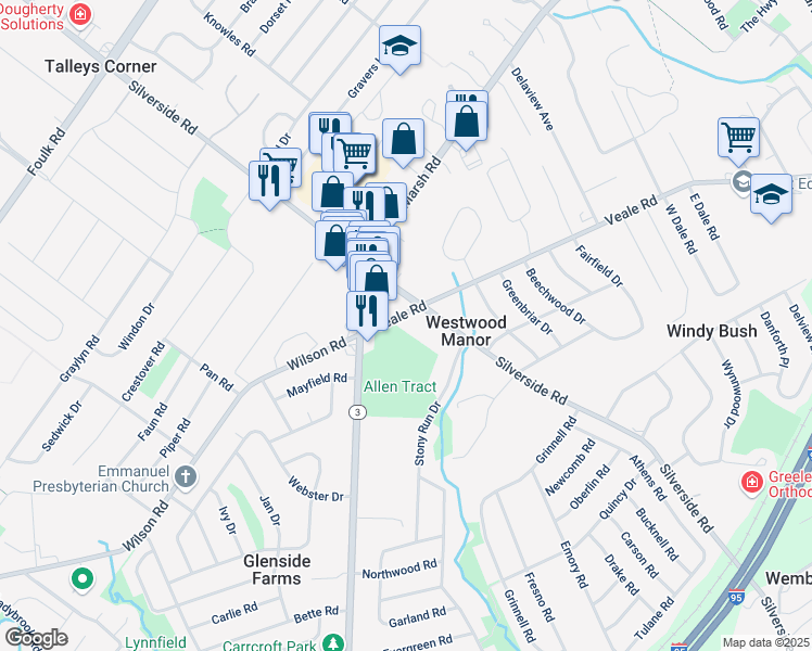 map of restaurants, bars, coffee shops, grocery stores, and more near 2106 Silverside Road in Wilmington