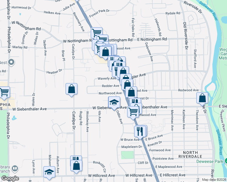 map of restaurants, bars, coffee shops, grocery stores, and more near 37 Redder Avenue in Dayton