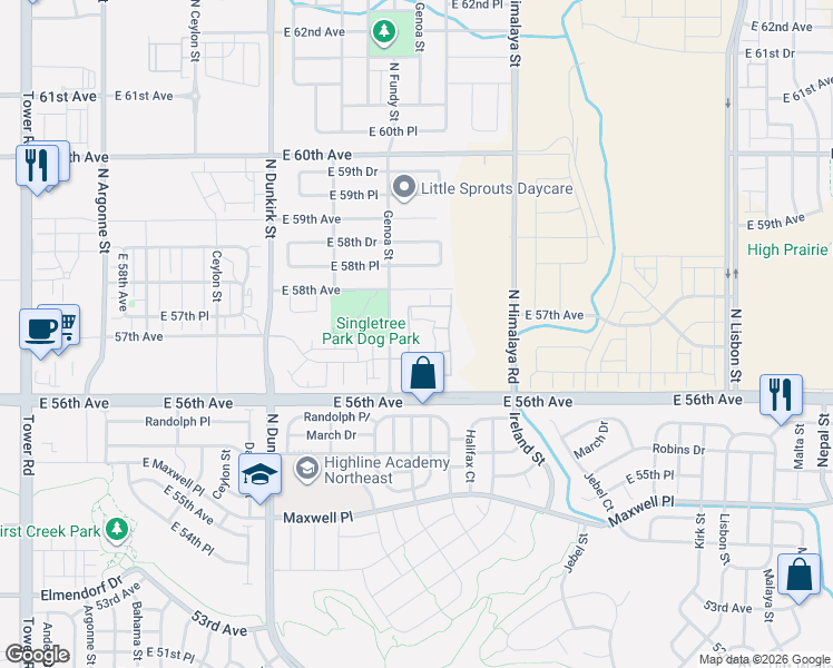map of restaurants, bars, coffee shops, grocery stores, and more near 5726 North Genoa Way in Aurora