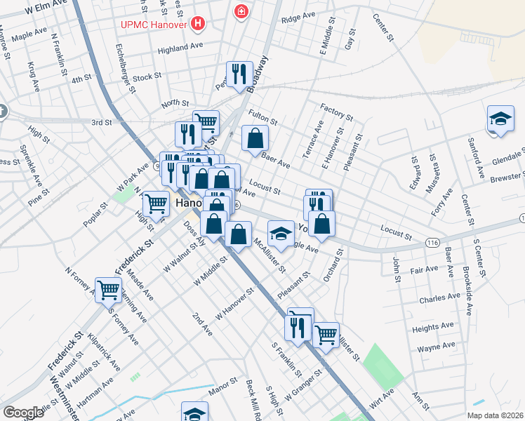 map of restaurants, bars, coffee shops, grocery stores, and more near 200 York Street in Hanover