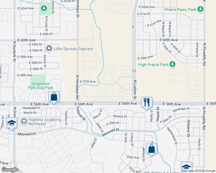 map of restaurants, bars, coffee shops, grocery stores, and more near 19901 East 56th Avenue in Aurora