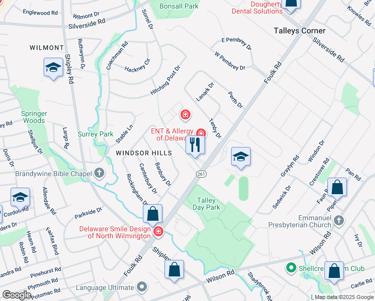 map of restaurants, bars, coffee shops, grocery stores, and more near 1403 Foulk Road in Wilmington