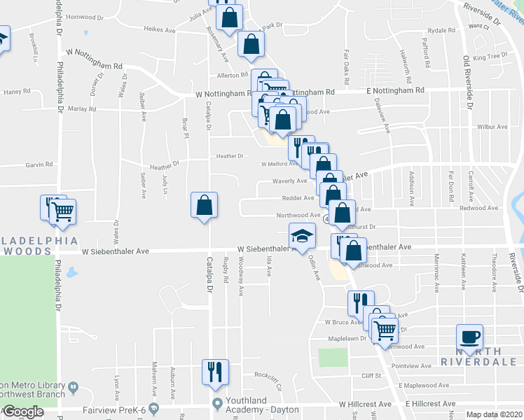 map of restaurants, bars, coffee shops, grocery stores, and more near 77 Redder Avenue in Dayton