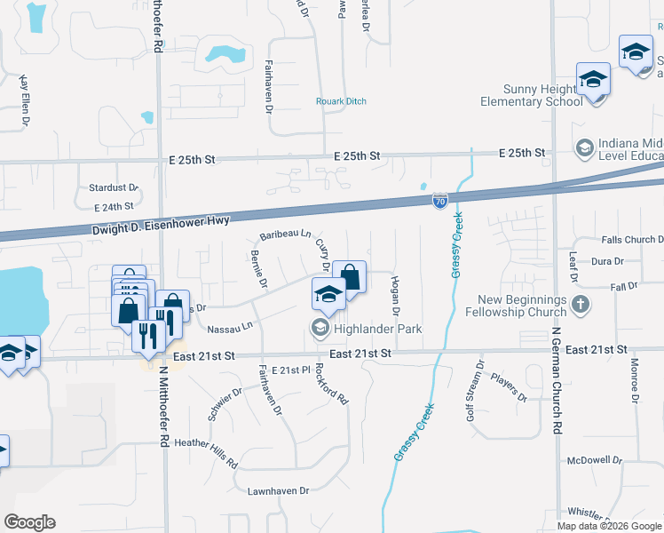map of restaurants, bars, coffee shops, grocery stores, and more near 2256 Curry Drive in Indianapolis
