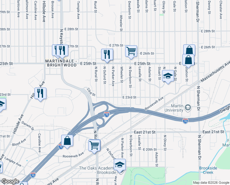 map of restaurants, bars, coffee shops, grocery stores, and more near 2338 Wheeler Street in Indianapolis