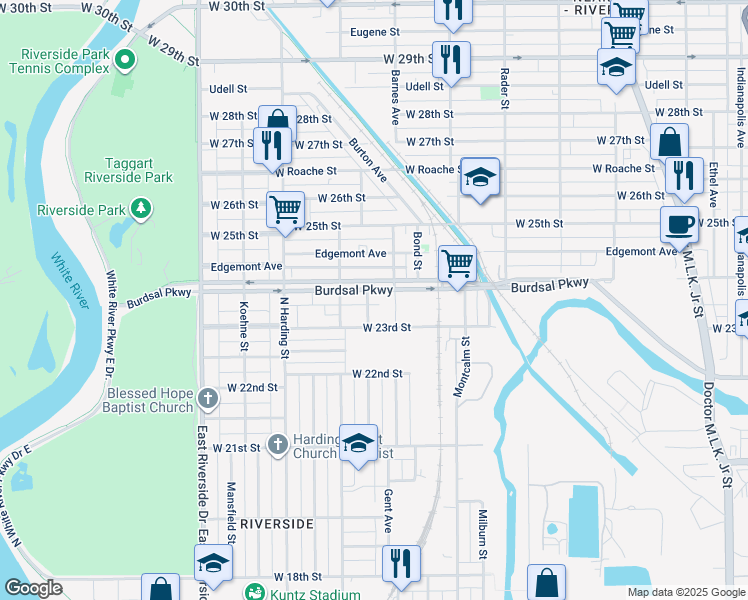 map of restaurants, bars, coffee shops, grocery stores, and more near 1234 Burdsal Parkway in Indianapolis