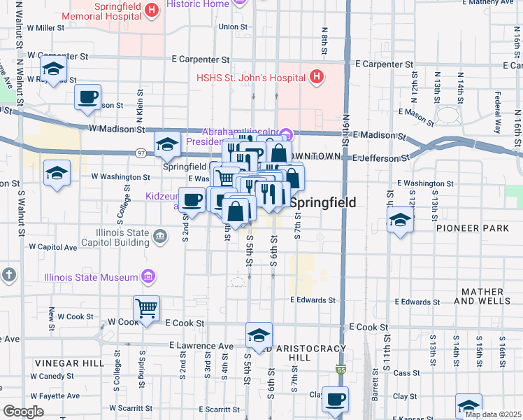 map of restaurants, bars, coffee shops, grocery stores, and more near 1 North Old State Capitol Plaza in Springfield
