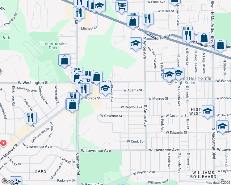 map of restaurants, bars, coffee shops, grocery stores, and more near 112 Stange Avenue in Springfield