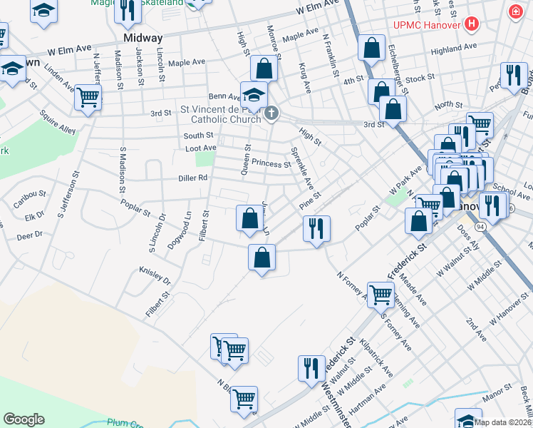 map of restaurants, bars, coffee shops, grocery stores, and more near 305 Juniper Lane in Hanover