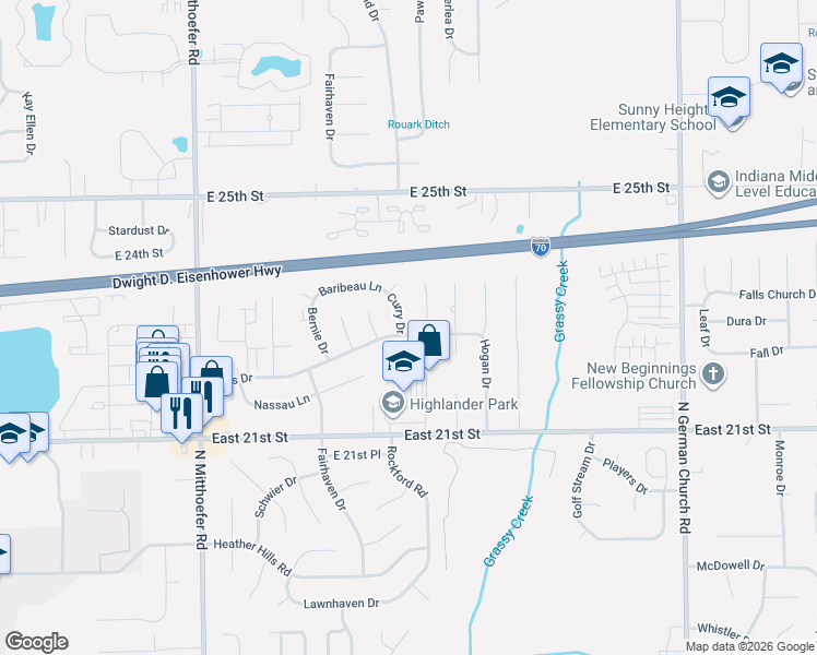 map of restaurants, bars, coffee shops, grocery stores, and more near 2256 Curry Drive in Indianapolis
