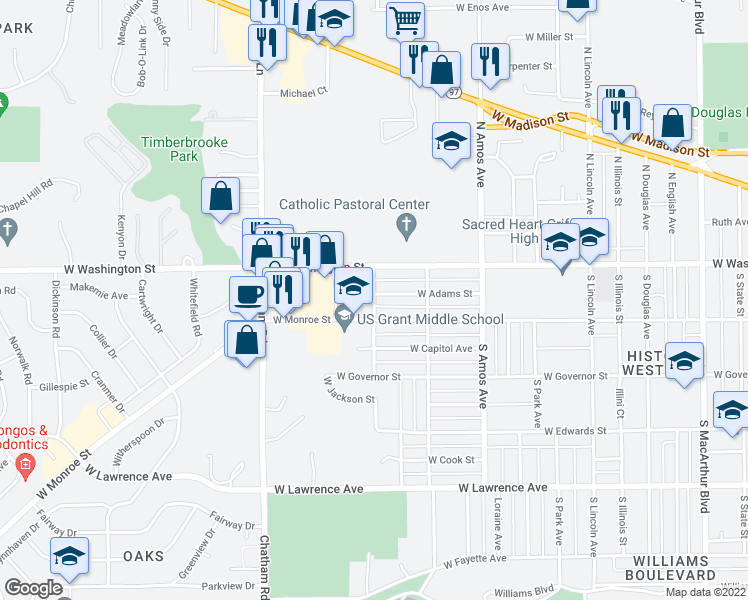 map of restaurants, bars, coffee shops, grocery stores, and more near 212 South Stange Street in Springfield