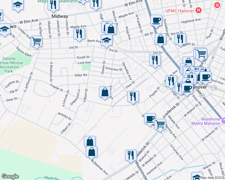 map of restaurants, bars, coffee shops, grocery stores, and more near 311 Juniper Lane in Hanover