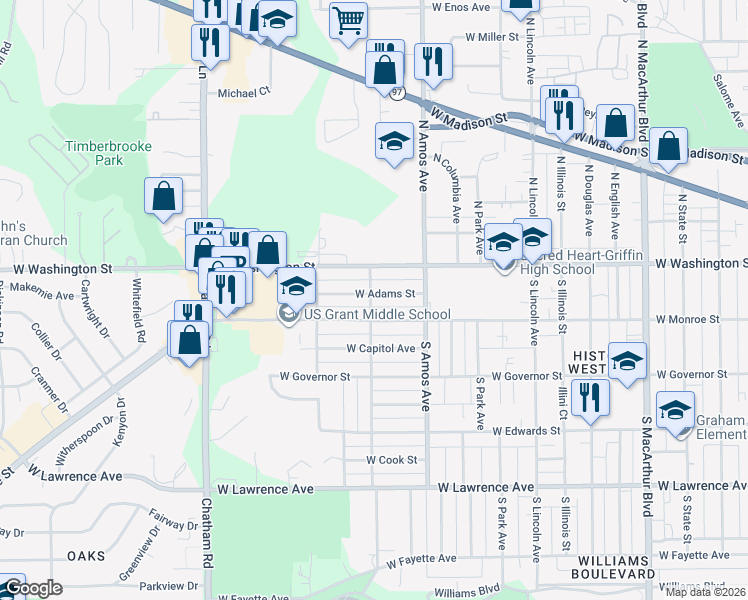 map of restaurants, bars, coffee shops, grocery stores, and more near 1550 West Adams Street in Springfield