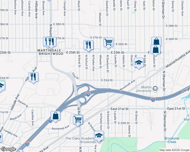 map of restaurants, bars, coffee shops, grocery stores, and more near 2338 Wheeler Street in Indianapolis