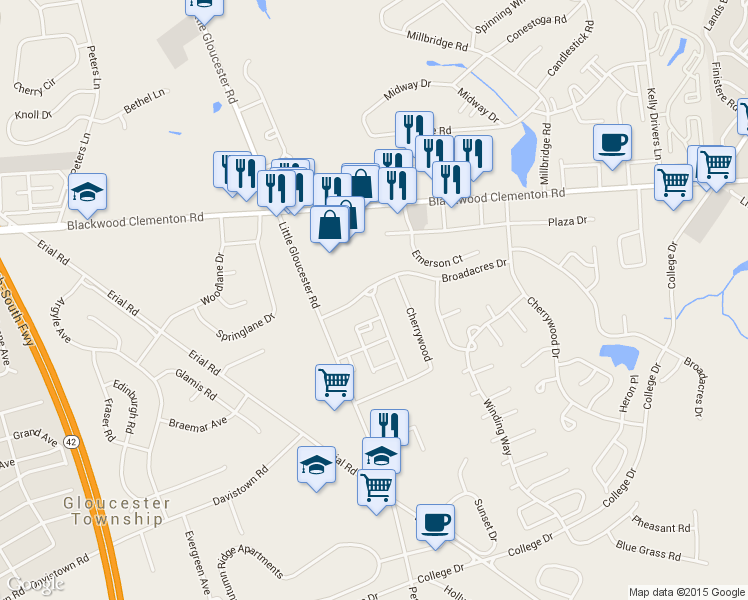 map of restaurants, bars, coffee shops, grocery stores, and more near 1200 Little Gloucester Road in Clementon