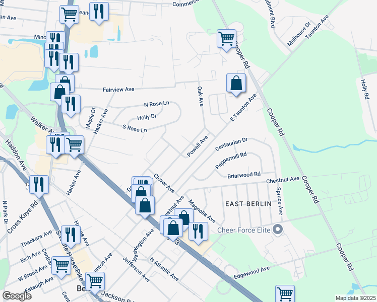 map of restaurants, bars, coffee shops, grocery stores, and more near 27 Oak Court in West Berlin