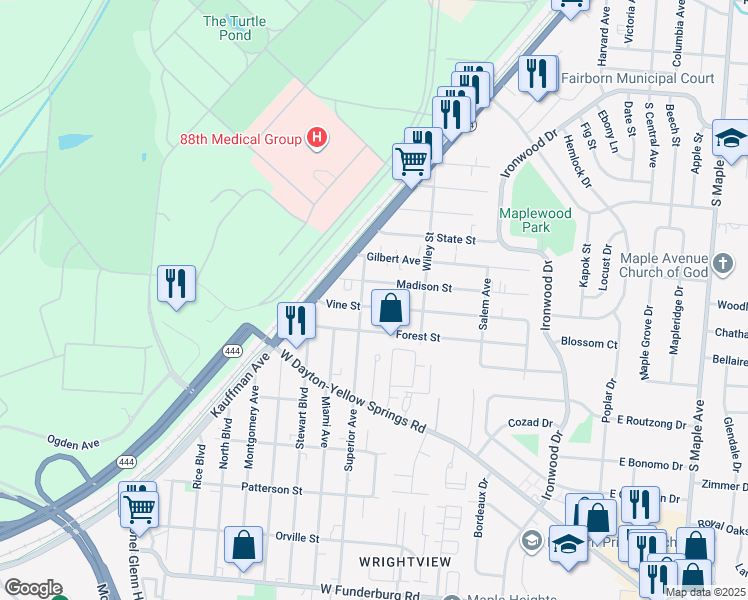 map of restaurants, bars, coffee shops, grocery stores, and more near 355 Madison Street in Fairborn
