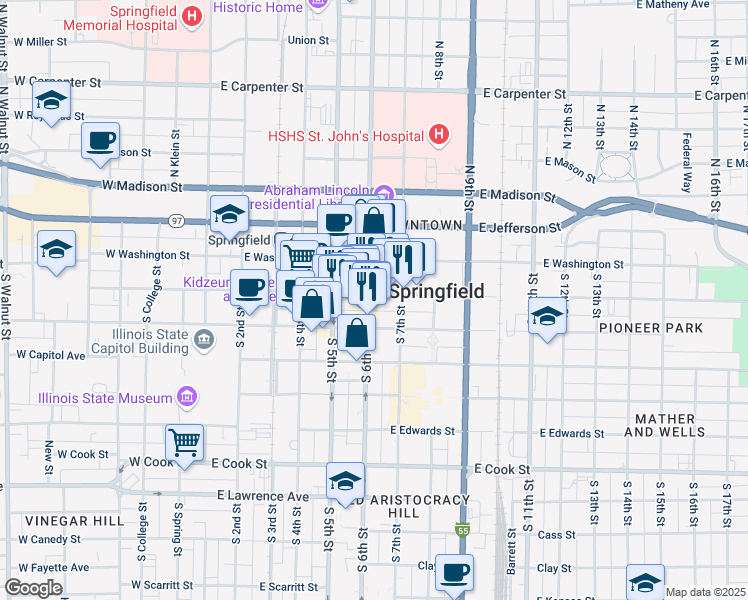 map of restaurants, bars, coffee shops, grocery stores, and more near 1 East Old State Capitol Plaza in Springfield
