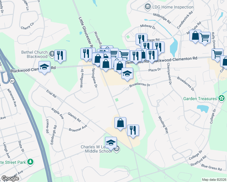map of restaurants, bars, coffee shops, grocery stores, and more near 226 Highland Estates in Clementon