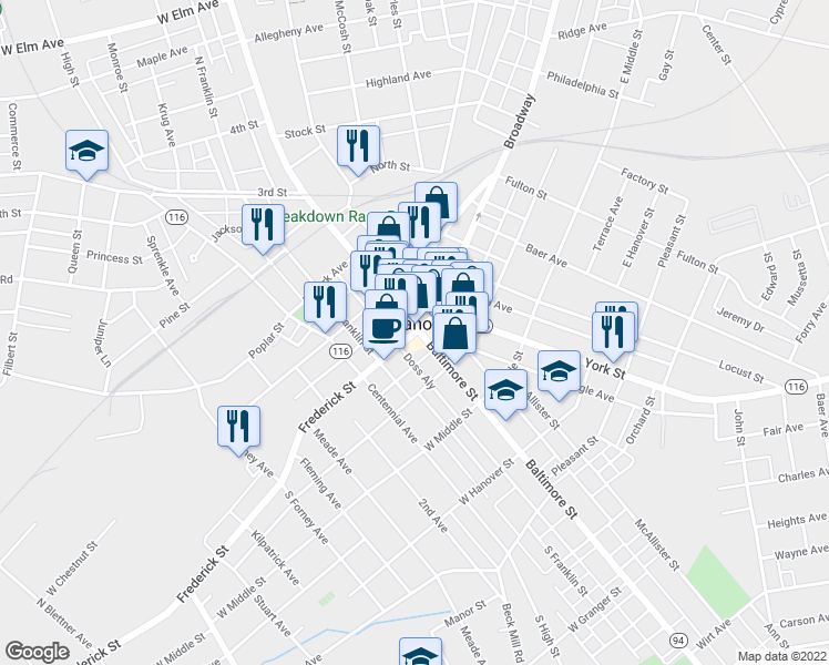 map of restaurants, bars, coffee shops, grocery stores, and more near 16 Frederick Street in Hanover