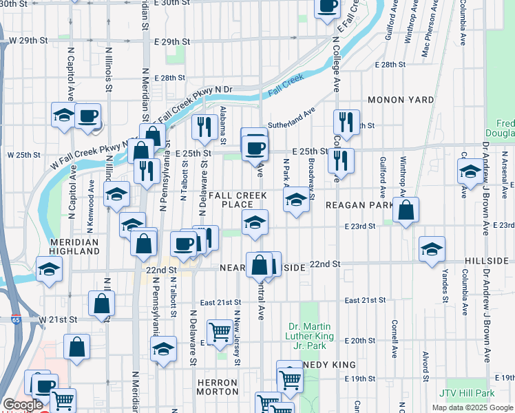 map of restaurants, bars, coffee shops, grocery stores, and more near 2338 Central Avenue in Indianapolis