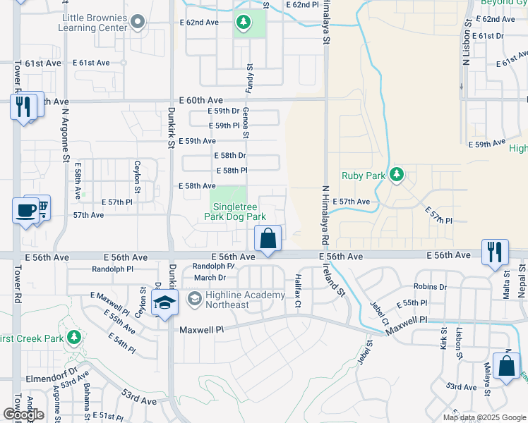 map of restaurants, bars, coffee shops, grocery stores, and more near 5756 North Genoa Way in Aurora
