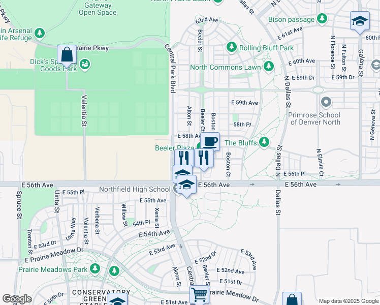 map of restaurants, bars, coffee shops, grocery stores, and more near 5764 Alton Street in Denver