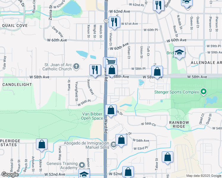 map of restaurants, bars, coffee shops, grocery stores, and more near 12283 West 57th Lane in Arvada