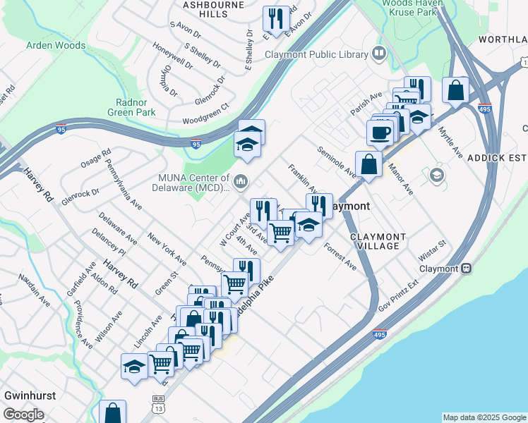 map of restaurants, bars, coffee shops, grocery stores, and more near 3201 East Court Avenue in Claymont