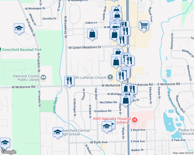 map of restaurants, bars, coffee shops, grocery stores, and more near 1322 Candlelite Drive in Greenfield