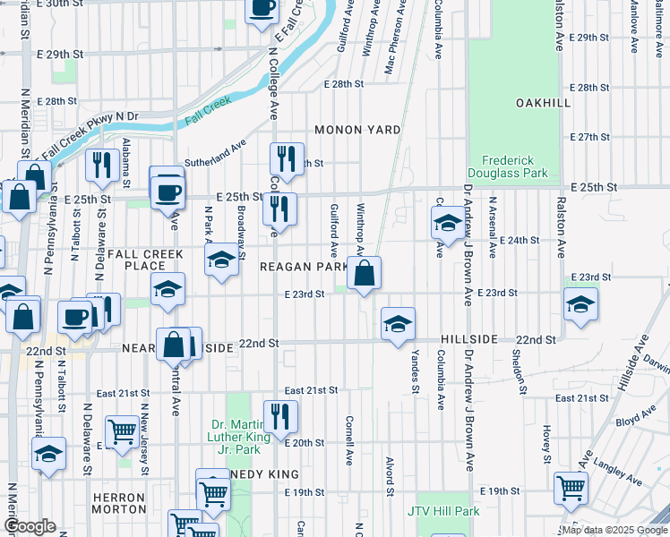 map of restaurants, bars, coffee shops, grocery stores, and more near 2354 Guilford Avenue in Indianapolis